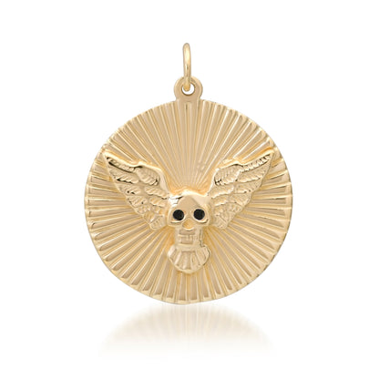 14K Gold Black Diamond Flying Skull Fluted Medallion Pendant