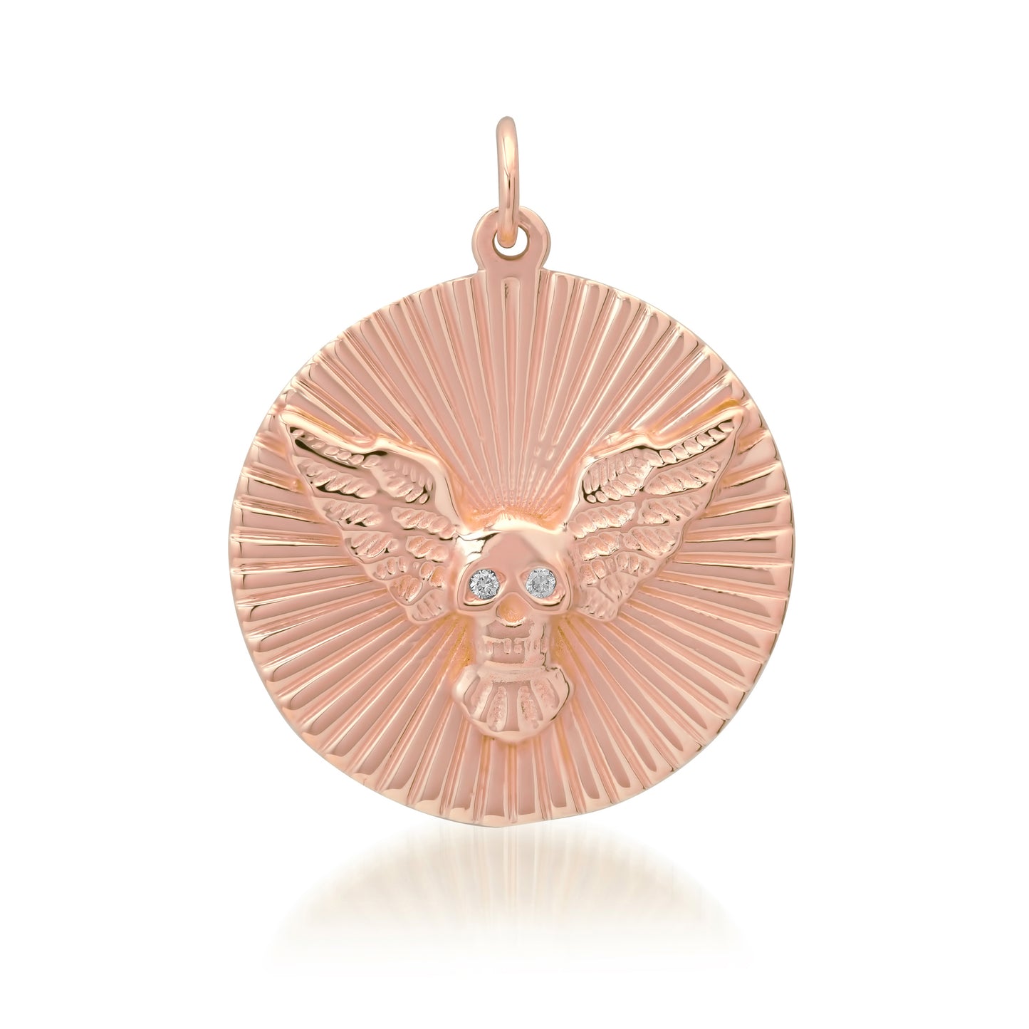 14K Gold Diamond Flying Skull Fluted Medallion Pendant