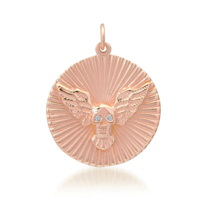 14K Gold Diamond Flying Skull Fluted Medallion Pendant
