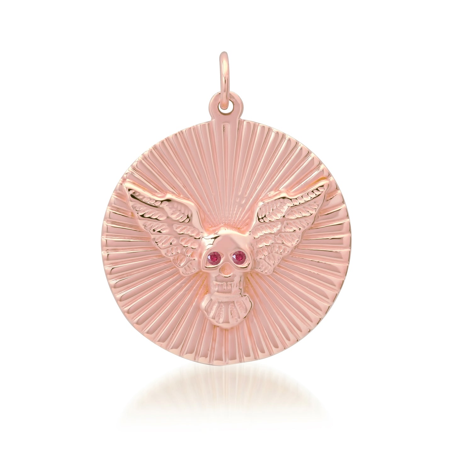 14K Gold Ruby Flying Skull Fluted Medallion Pendant