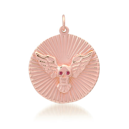 14K Gold Ruby Flying Skull Fluted Medallion Pendant