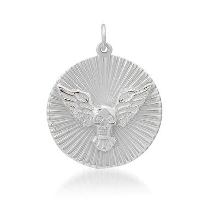 14K Gold Diamond Flying Skull Fluted Medallion Pendant