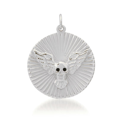 14K Gold Black Diamond Flying Skull Fluted Medallion Pendant