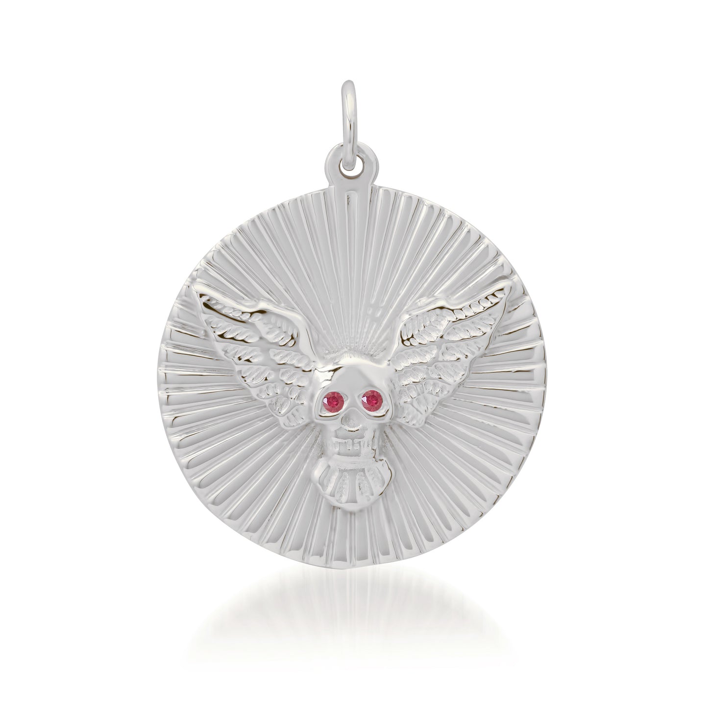 14K Gold Ruby Flying Skull Fluted Medallion Pendant