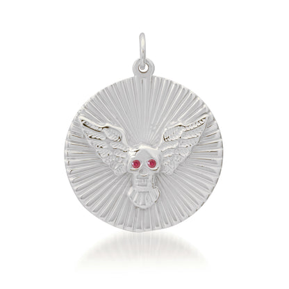 14K Gold Ruby Flying Skull Fluted Medallion Pendant