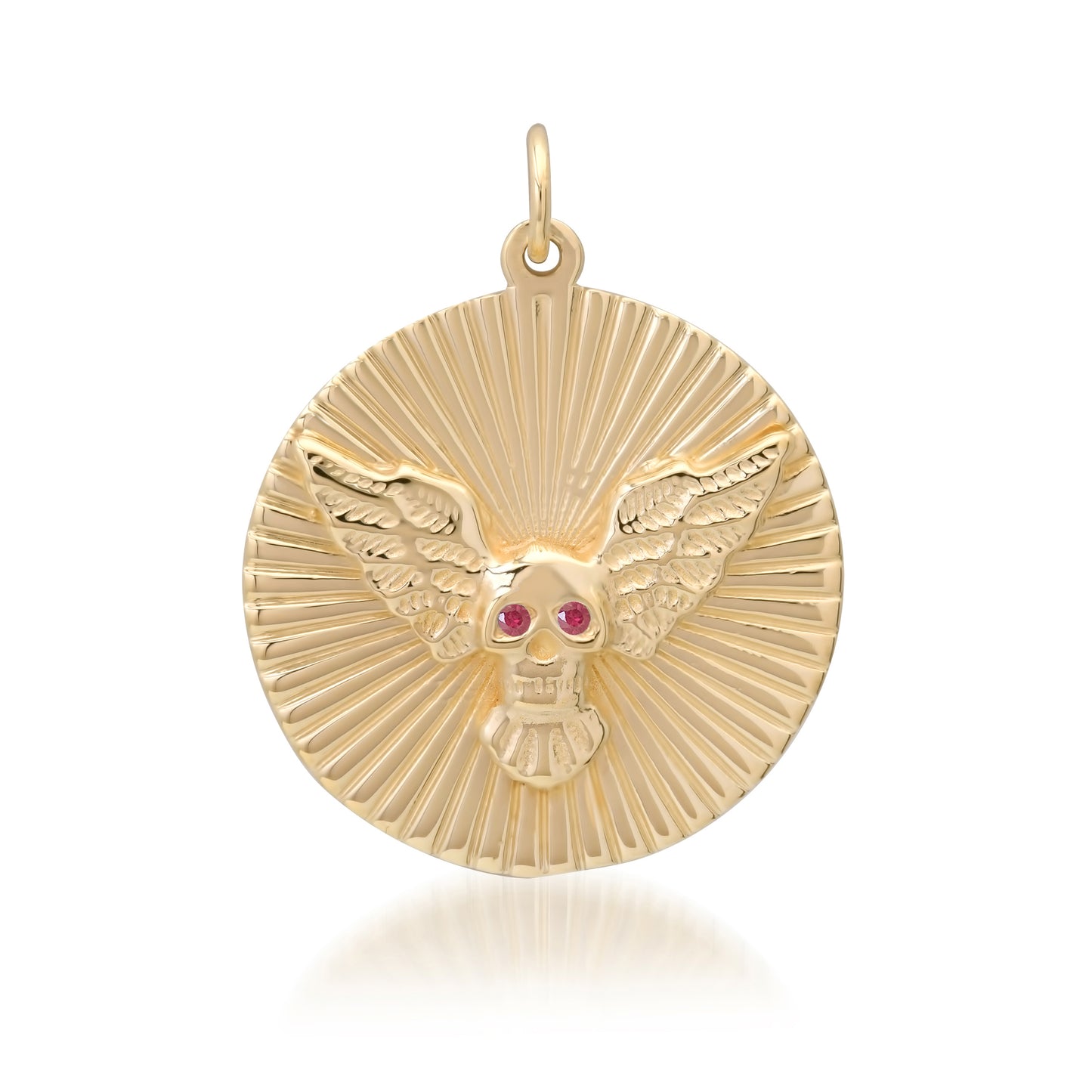 14K Gold Ruby Flying Skull Fluted Medallion Pendant