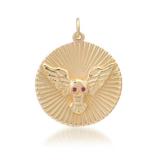 14K Gold Ruby Flying Skull Fluted Medallion Pendant