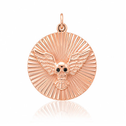 14K Gold Black Diamond Flying Skull Fluted Medallion Pendant