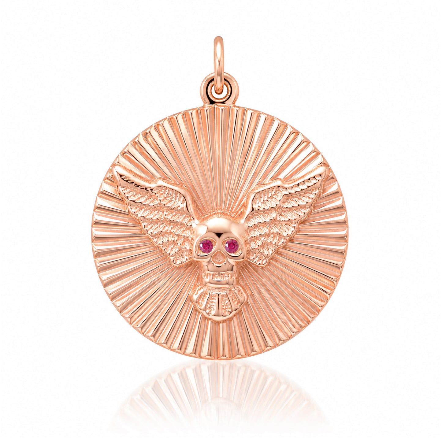 14K Gold Ruby Flying Skull Fluted Medallion Pendant