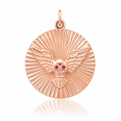 14K Gold Ruby Flying Skull Fluted Medallion Pendant