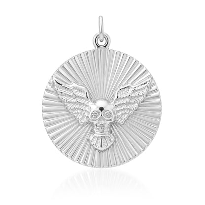 14K Gold Diamond Flying Skull Fluted Medallion Pendant