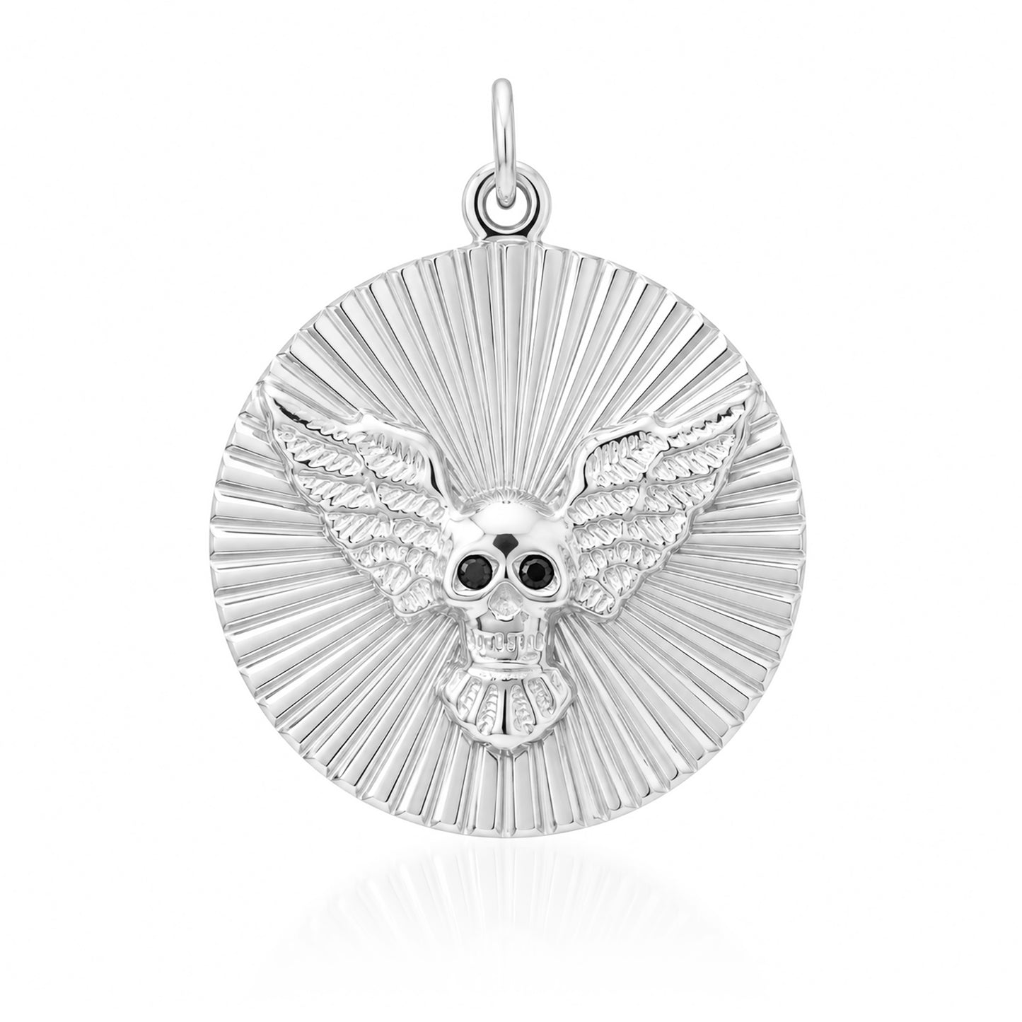 14K Gold Black Diamond Flying Skull Fluted Medallion Pendant