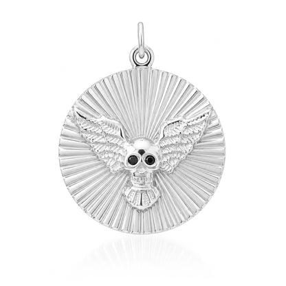 14K Gold Black Diamond Flying Skull Fluted Medallion Pendant