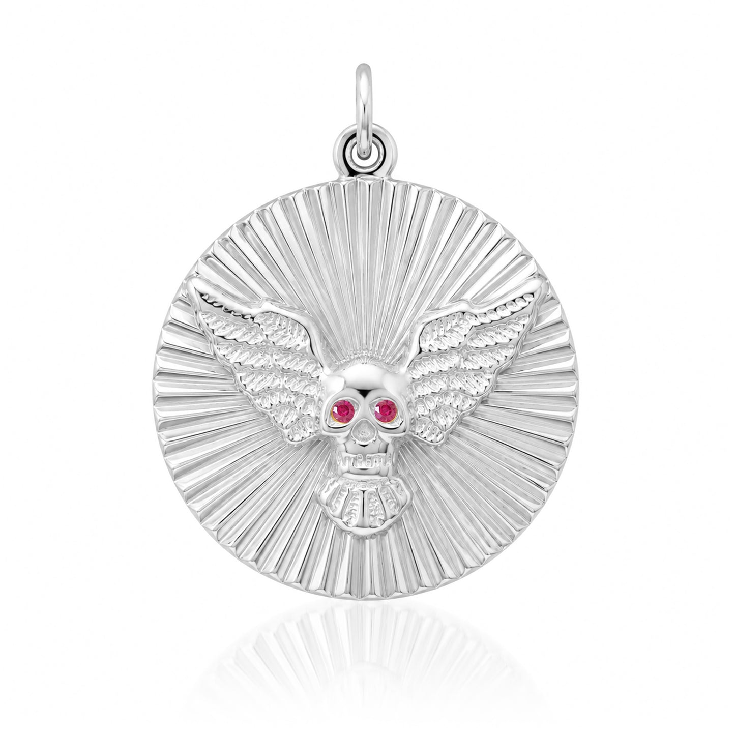 14K Gold Ruby Flying Skull Fluted Medallion Pendant