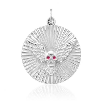 14K Gold Ruby Flying Skull Fluted Medallion Pendant