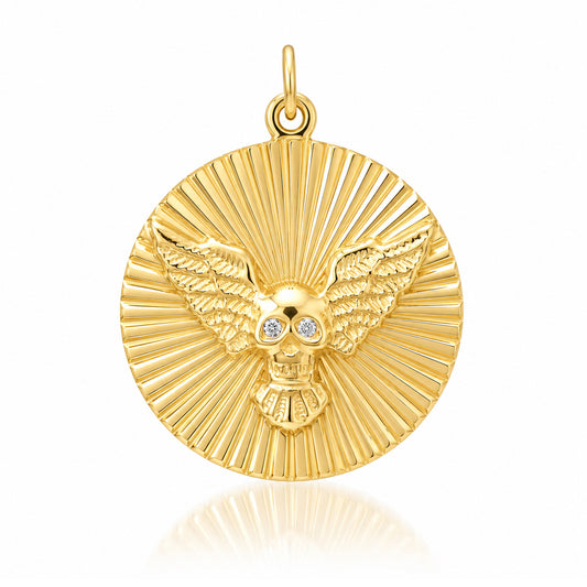 14K Gold Diamond Flying Skull Fluted Medallion Pendant