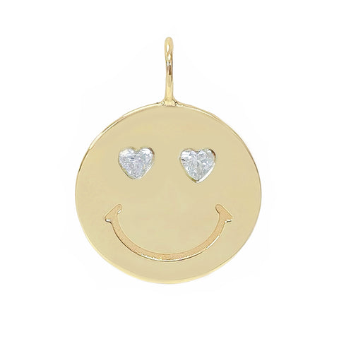 14K Gold Diamond Heart Eyes Smiley Face Charm Pendant