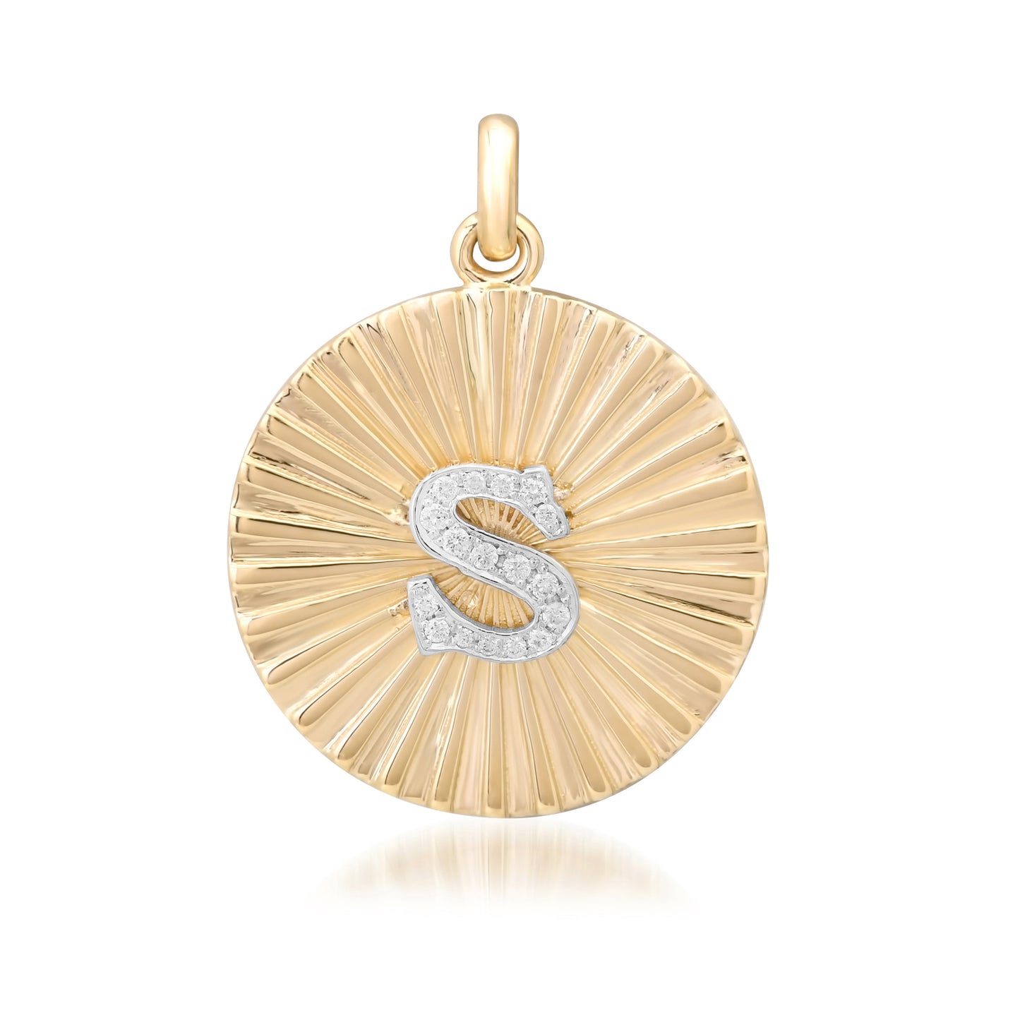 14K Gold Small Size Diamond Initial Fluted Medallion Pendant