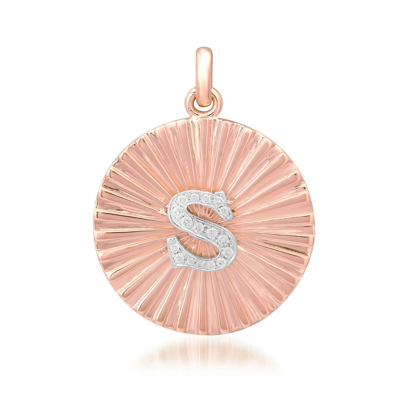 14K Gold Small Size Diamond Initial Fluted Medallion Pendant