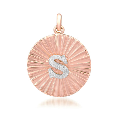14K Gold Small Size Diamond Initial Fluted Medallion Pendant