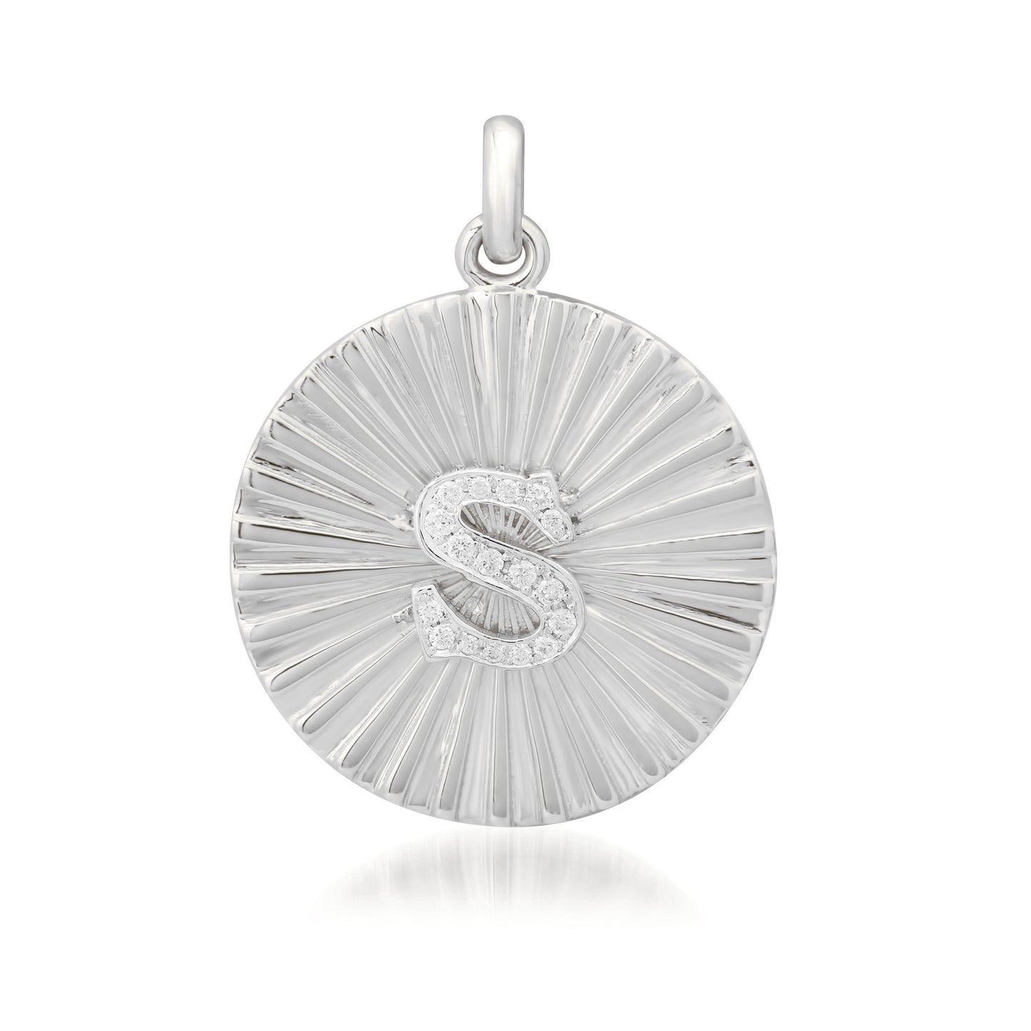 14K Gold Small Size Diamond Initial Fluted Medallion Pendant