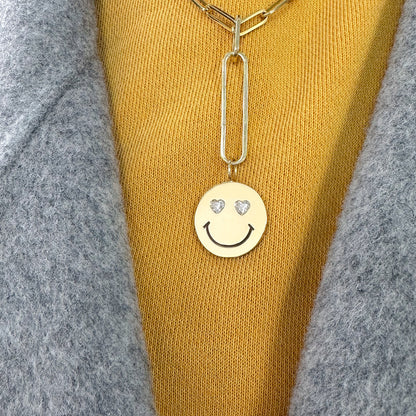 14K Gold Diamond Heart Eyes Smiley Face Charm Pendant