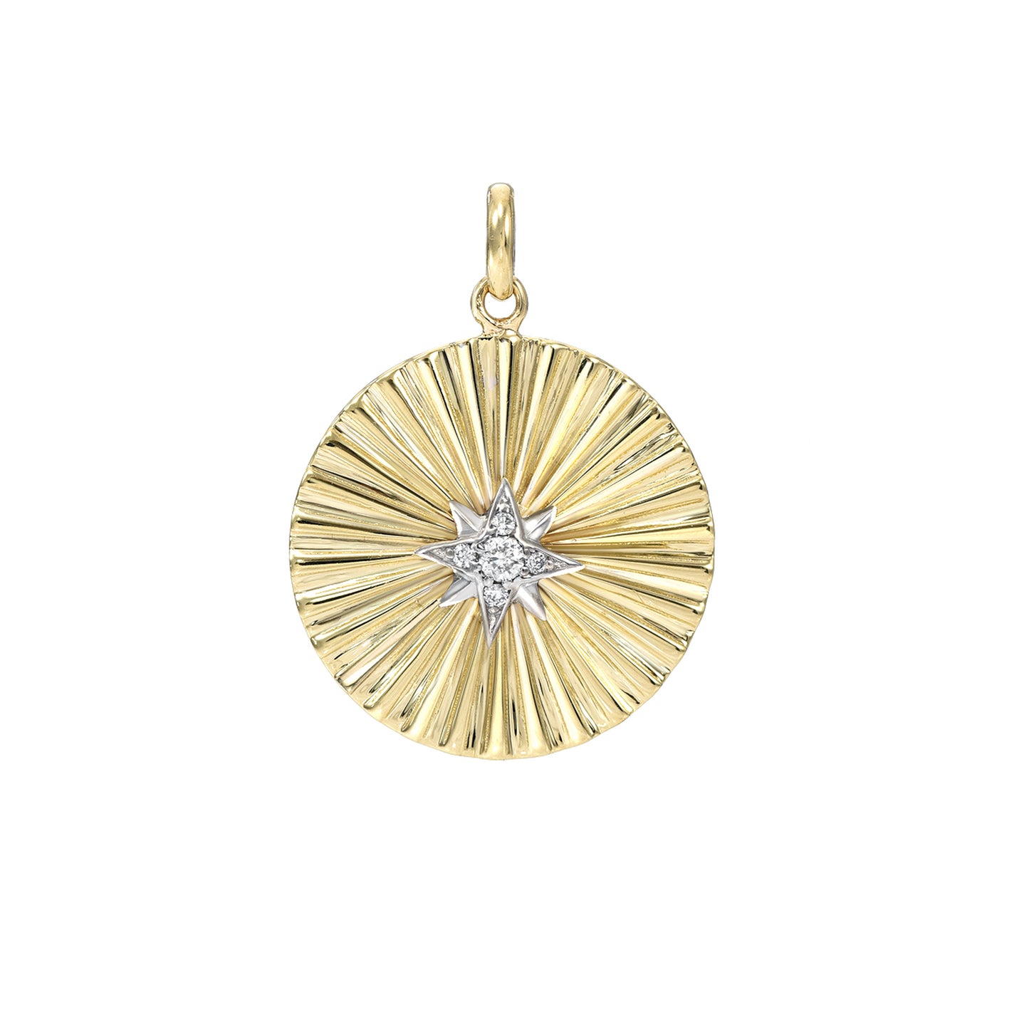 14K Gold Small Size Diamond Starburst Fluted Medallion Charm Pendant