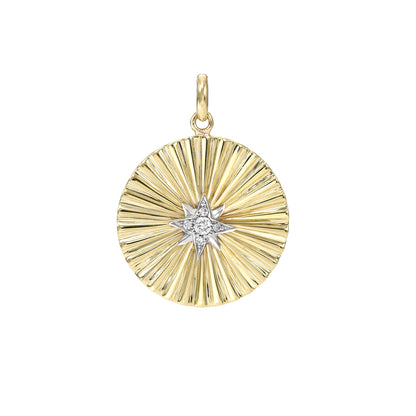 14K Gold Small Size Diamond Starburst Fluted Medallion Charm Pendant