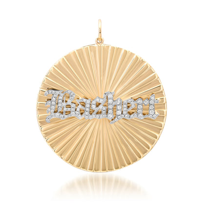 14K Gold Pavé Diamond Nameplate XXL Fluted Round Medallion Pendant ~ Old English, Block or Script Font