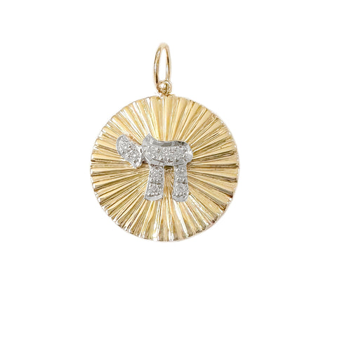 14K Gold Pavé Diamond Hebrew Chai Fluted Round Medallion Pendant