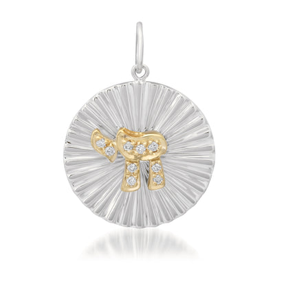 14K Gold Pavé Diamond Hebrew Chai Fluted Round Medallion Pendant