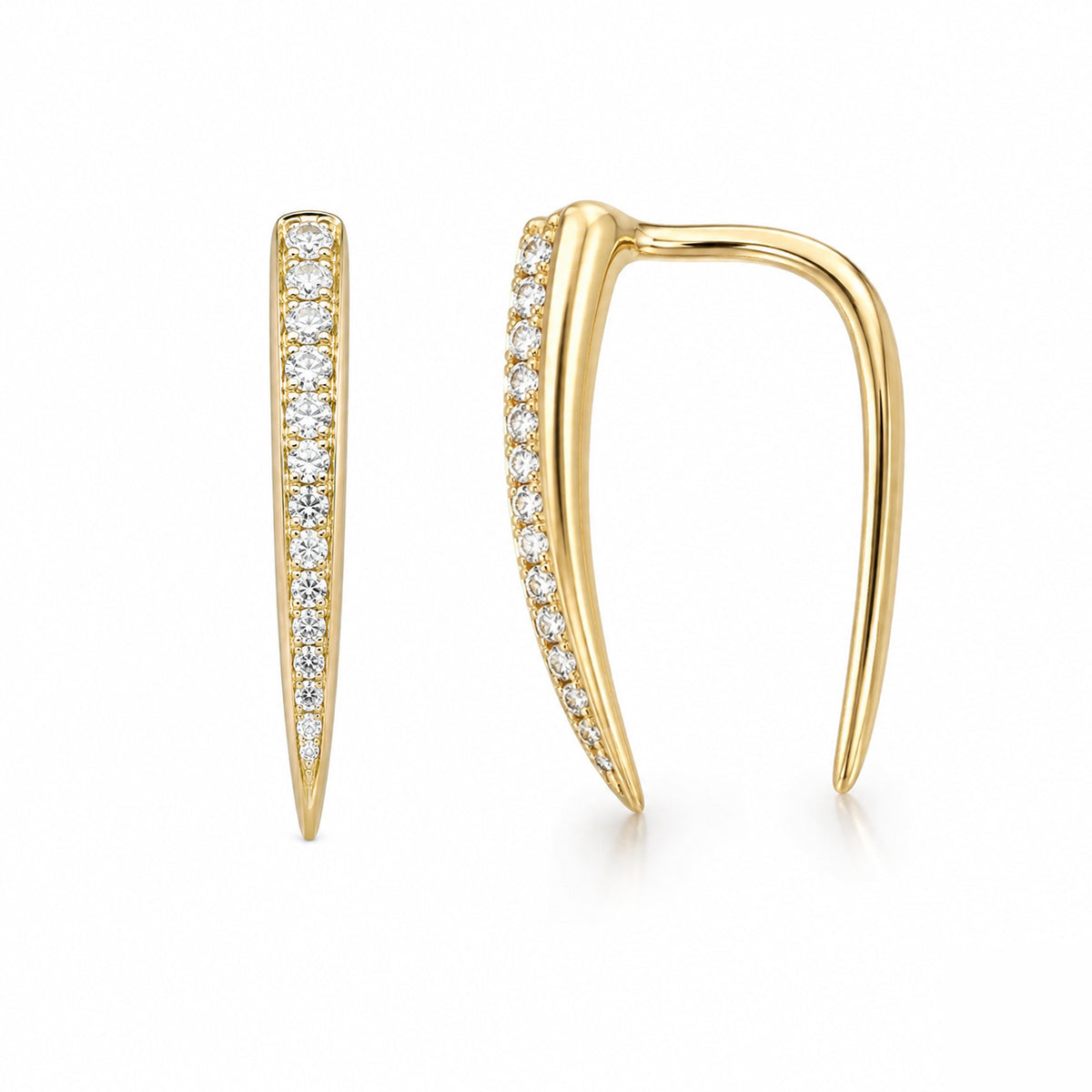 14K Gold Diamond Ear Hugger Thorn Earrings, Small Size
