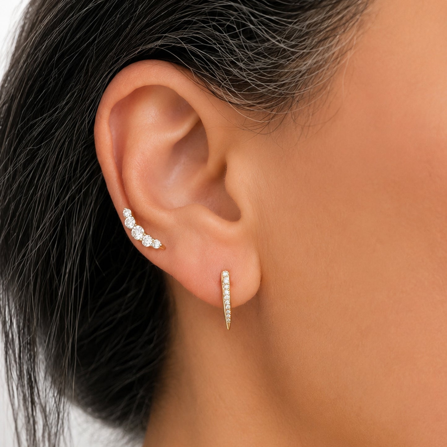 14K Gold Diamond Ear Hugger Thorn Earrings, Small Size
