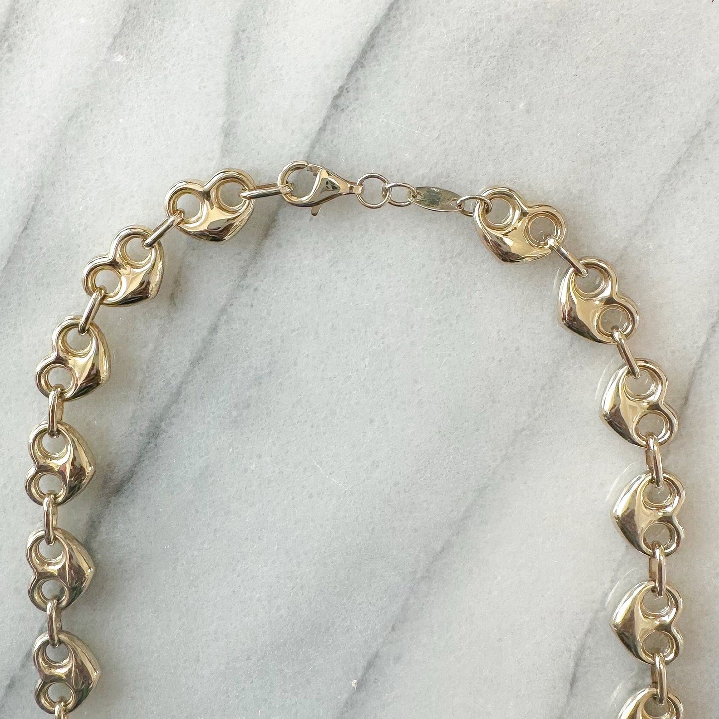 14K Gold Puffy Heart Mariner Anchor Link Chain Necklace