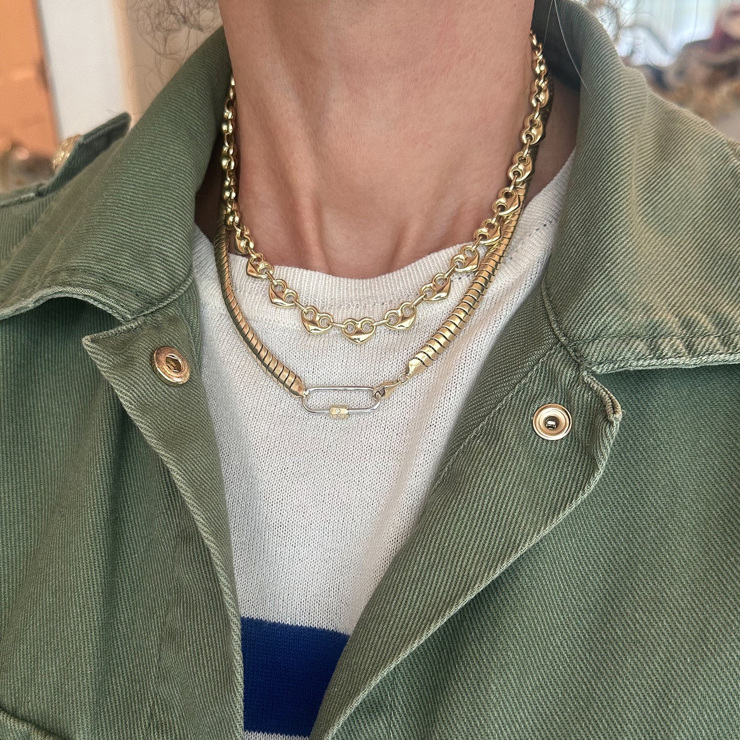 14K Gold Elongated Oval Carabiner Diamond Lock Charm Enhancer, Large Size