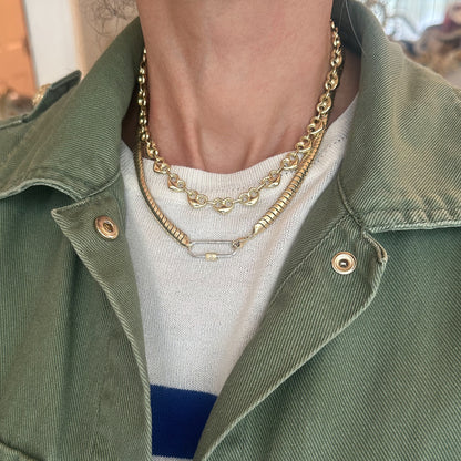 14K Gold Elongated Oval Carabiner Diamond Lock Charm Enhancer, Large Size