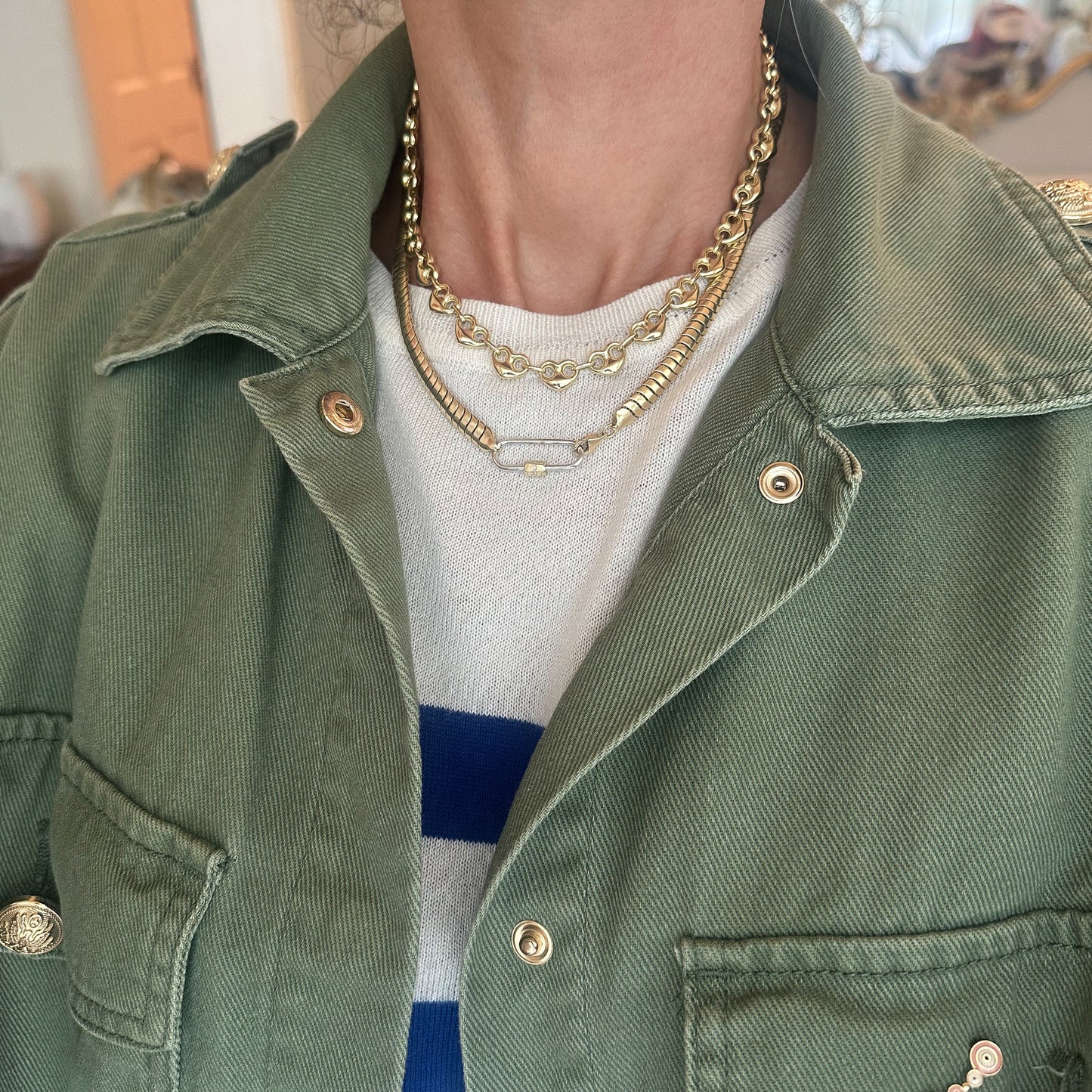 14K Gold Elongated Oval Carabiner Diamond Lock Charm Enhancer, Large Size