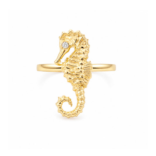 14K Gold Seahorse Ring with Diamond Eye