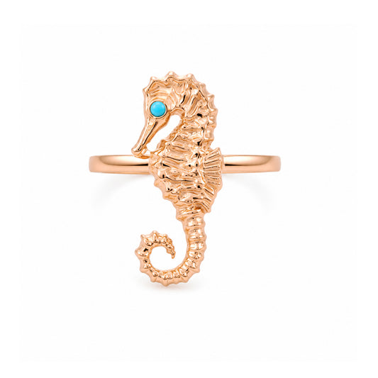14K Gold Seahorse Ring with Turquoise Eye
