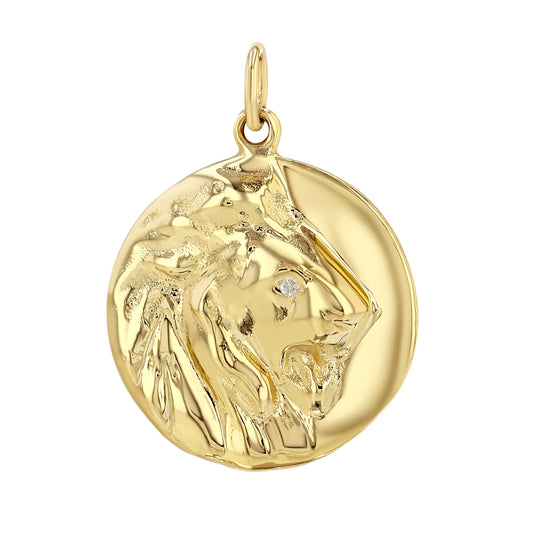 14K Gold Lion Medallion Charm Pendant, XL Size