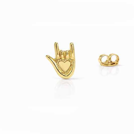 14K Gold "I Love You" Hand Sign Language Stud Earring