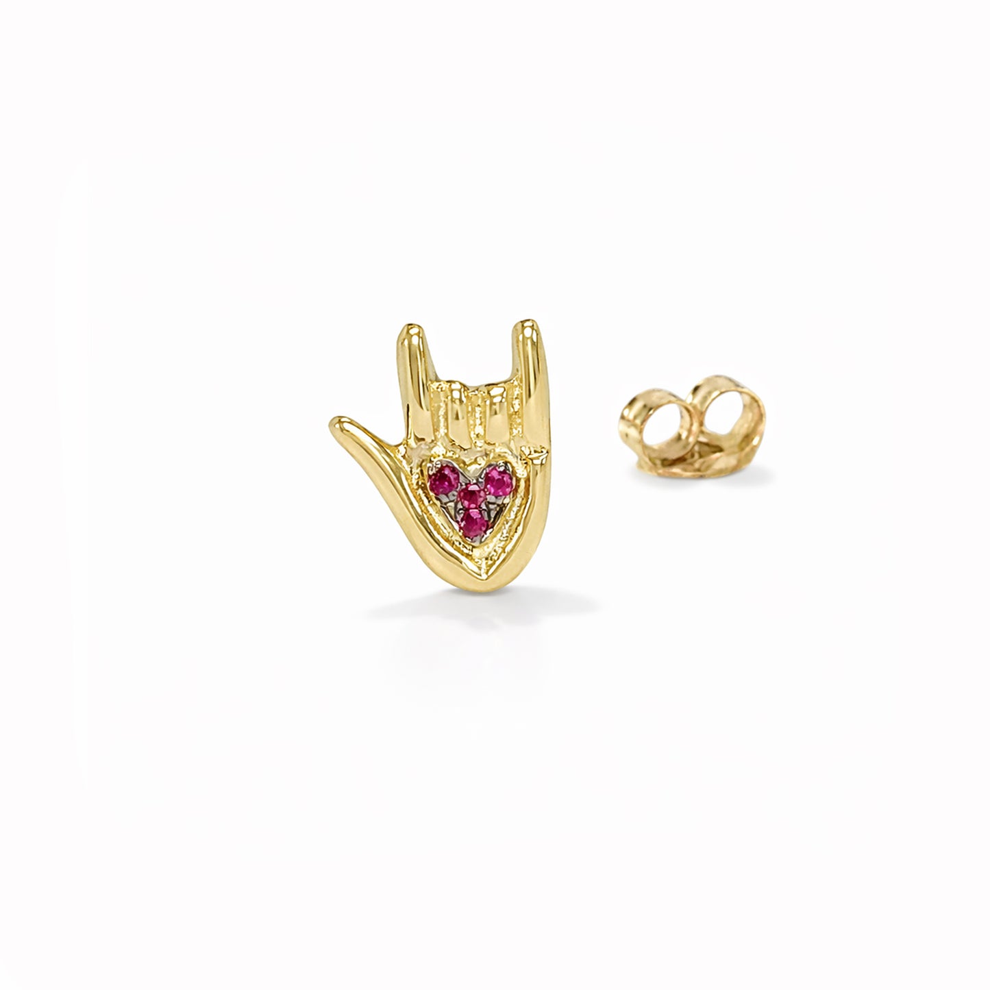14K Gold Ruby "I Love You" Hand Sign Language Stud Earring
