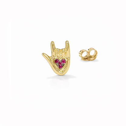 14K Gold Ruby "I Love You" Hand Sign Language Stud Earring