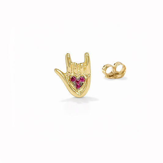 14K Gold Ruby "I Love You" Hand Sign Language Stud Earring