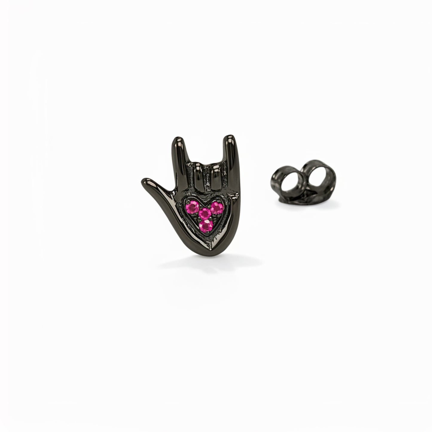 14K Gold Ruby "I Love You" Hand Sign Language Stud Earring