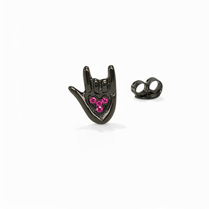 14K Gold Ruby "I Love You" Hand Sign Language Stud Earring