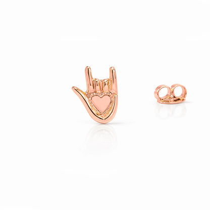14K Gold "I Love You" Hand Sign Language Stud Earring
