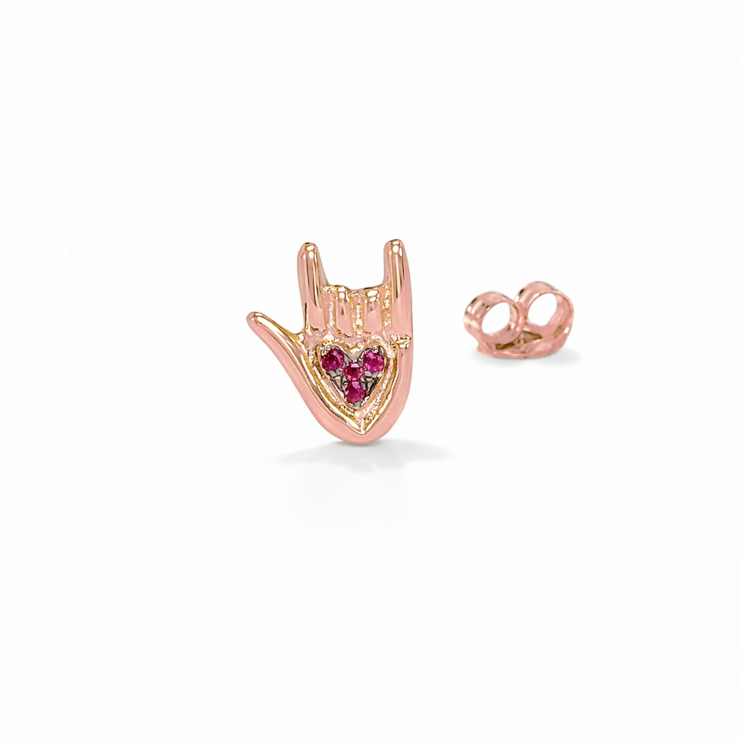 14K Gold Ruby "I Love You" Hand Sign Language Stud Earring