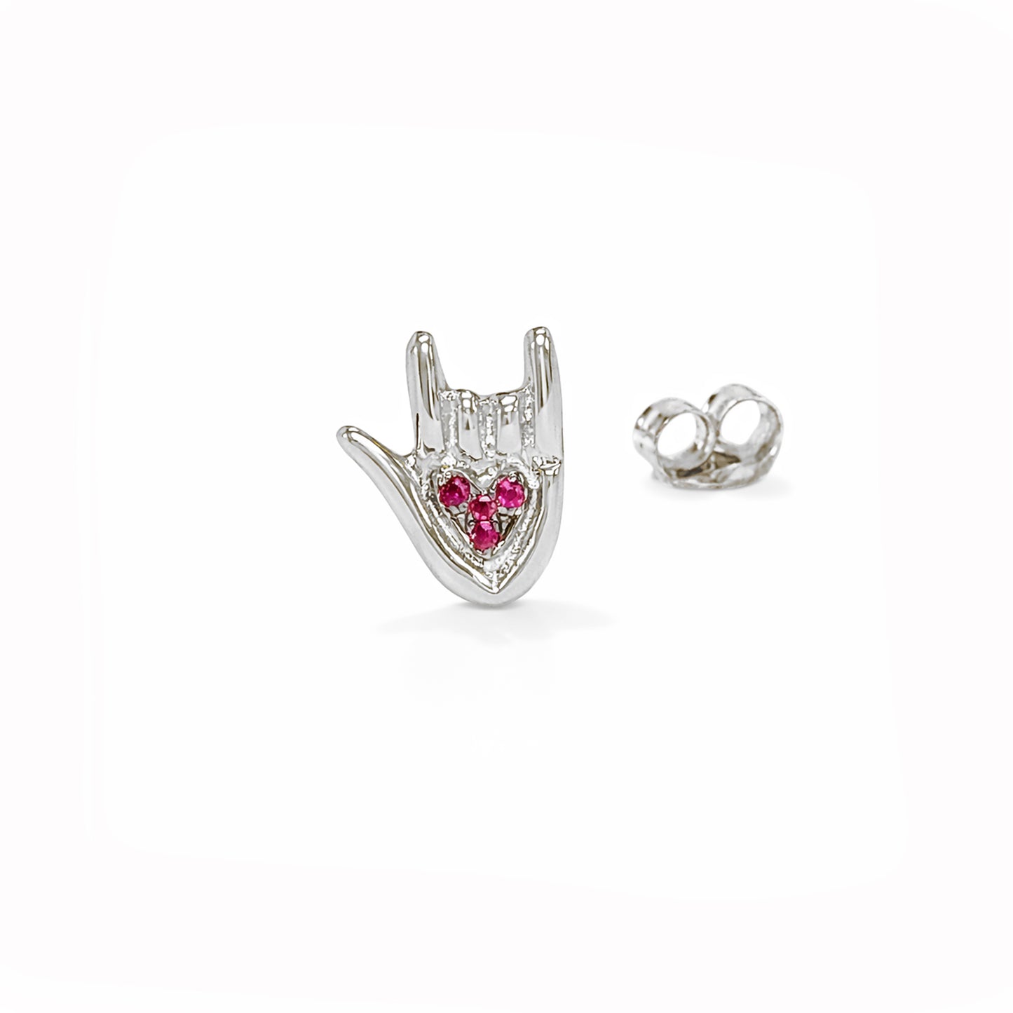 14K Gold Ruby "I Love You" Hand Sign Language Stud Earring