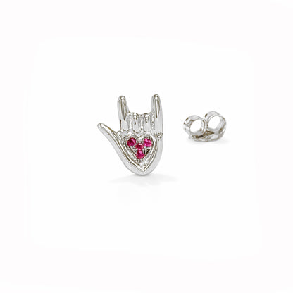 14K Gold Ruby "I Love You" Hand Sign Language Stud Earring
